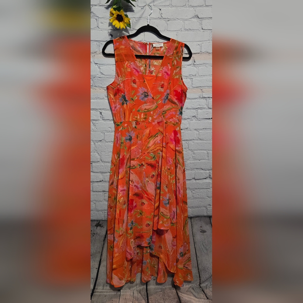 Calvin Klein Chiffon HighLow Orange Maxi Dress Sz10